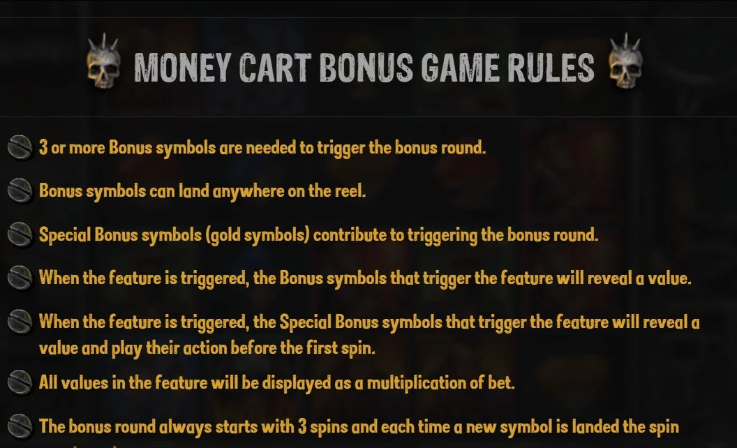 Pravidla bonusu Money Cart — 3 bonusové symboly potřeba, persistent zlaté substituují, 3 startovní spiny
