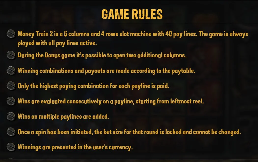 Pravidla hry Money Train 2 — 5 sloupců, 4 řady, 40 linií, výhry zleva