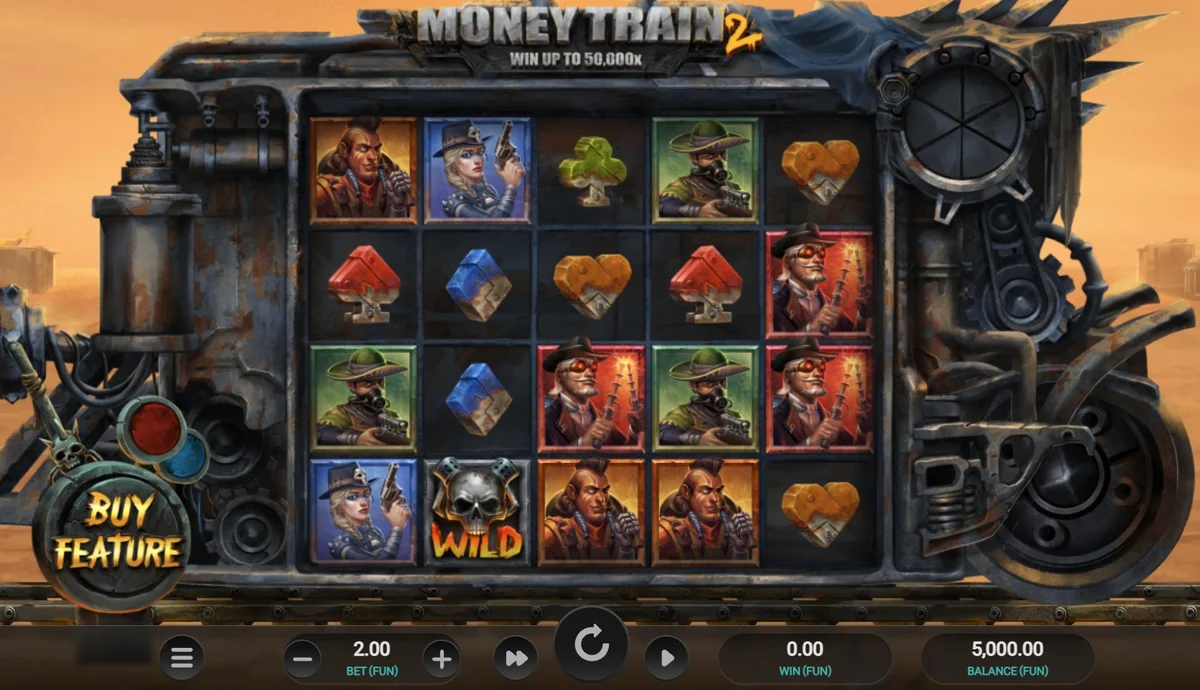 Money Train 2 alapjáték — 5×4 rács karakter szimbólumokkal és Wilddal a tárcsákon