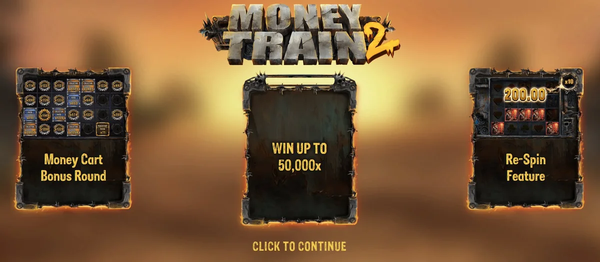 Ekran powitalny Money Train 2 — bonus Money Cart, maks. wygrana 50 000× i funkcja Re-Spin