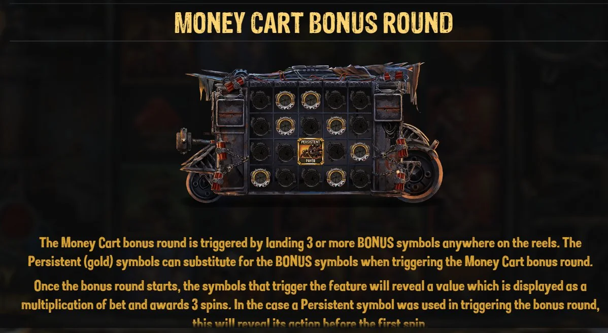 Pravidla kola Money Cart v Money Train 2 — 3+ bonusové symboly spouštějí 3 respiny